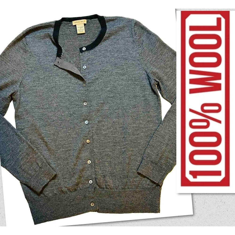 Vertical Design - Women's Large - Gray/Black 100% Merino Wool  Button Cardigan